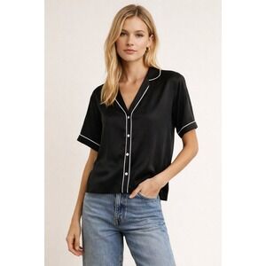 ATM Anthony Thomas Melillo Silk Pajama Style Top Black White Trim Medium NWT